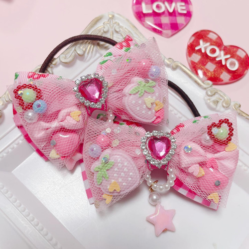 いちご♡ チュールリボン ツイン♡ ハンドメイド リボン ヘアゴム