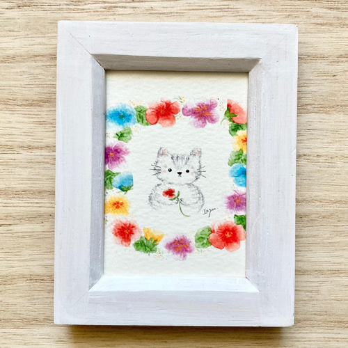 透明水彩画「パンジーと猫ちゃん」イラスト ミニ額 プチギフト