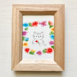 透明水彩画「パンジーと猫ちゃん」イラスト ミニ額 プチギフト
