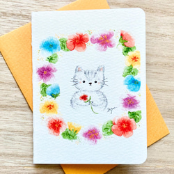 透明水彩画 2枚セット「パンジーと猫ちゃん」イラスト ミニカード