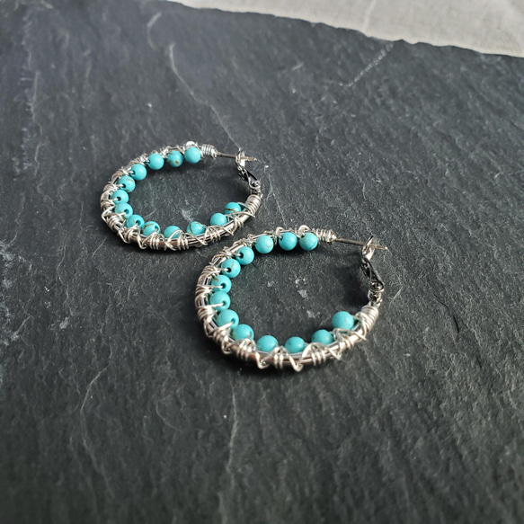 【送料無料】turquoise【ターコイズ】ワイヤー編みピアス 10枚目の画像