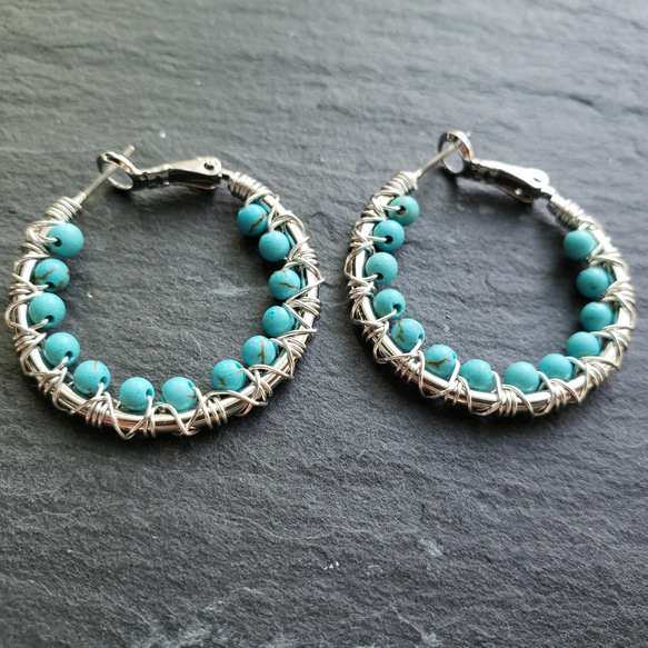 【送料無料】turquoise【ターコイズ】ワイヤー編みピアス 5枚目の画像