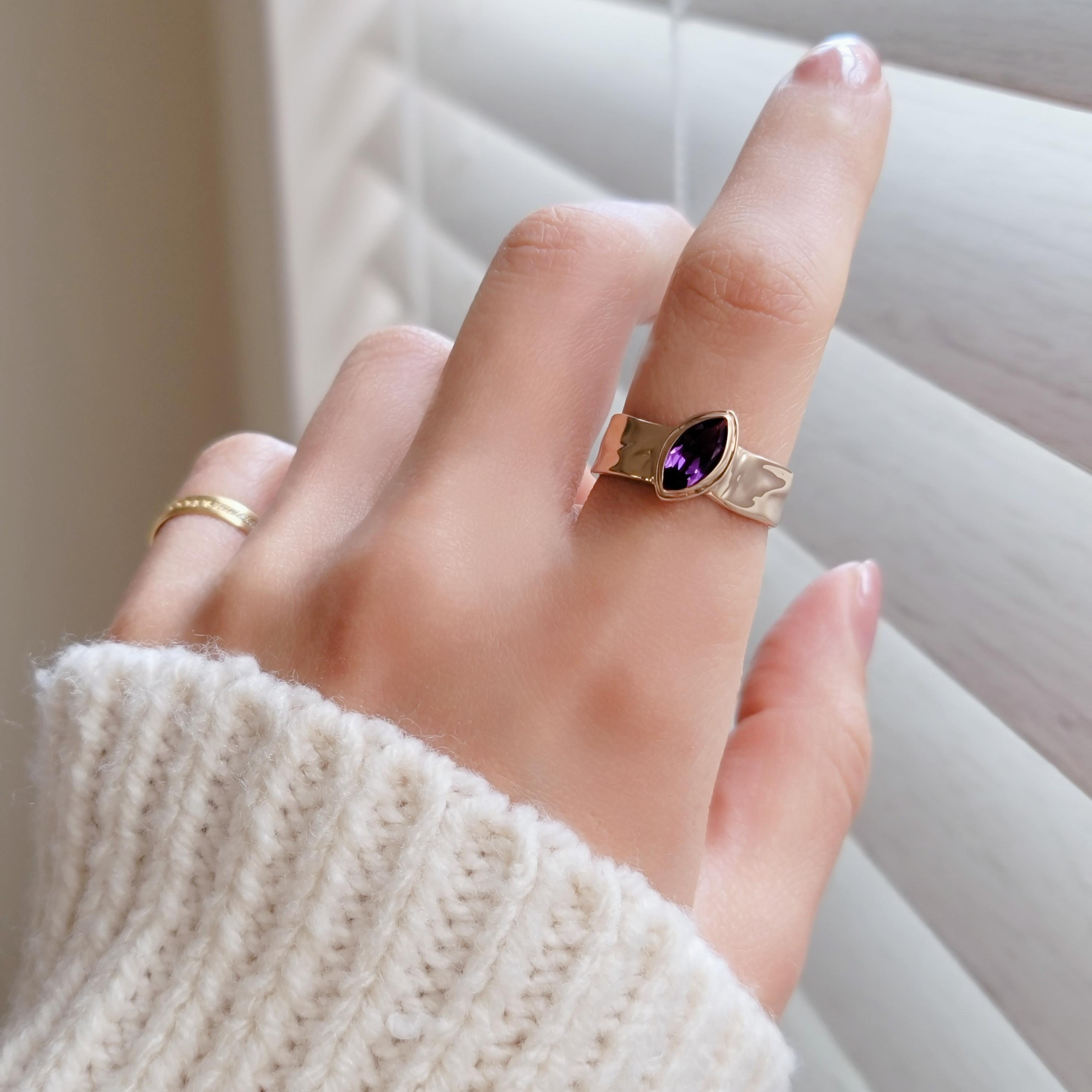 ◇天然石＊アメジスト＊マーキス＊平打ち＊ピンクゴールドリングH-176P