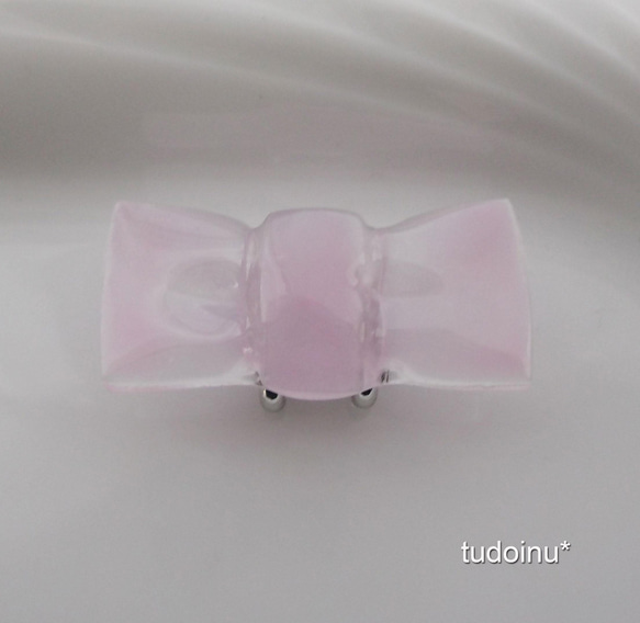 リボン　ガラス　帯留め　小ぶり　ブローチ　ヘアゴム　ピンク　リボン　桜 2枚目の画像