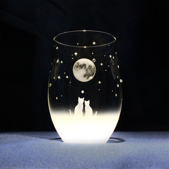 免費送貨！ 【一起欣賞滿月夜空吧】貓咪主題玻璃杯★可客製化（需付費） 第1張的照片