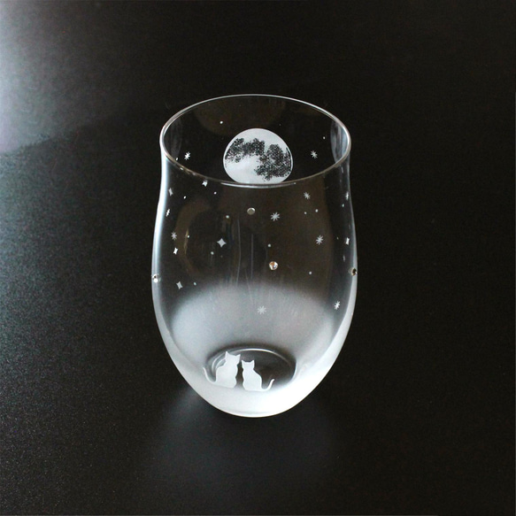 [看滿月的夜空]貓圖案玻璃杯（vol.1-fm）★可刻名字（收費） 第3張的照片
