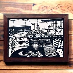 『夜のカフェ』　オリジナル切り絵 1枚目の画像