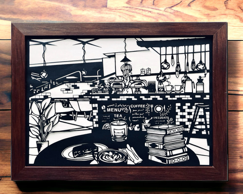 ユーモアイラスト　切り貼り絵　「カフェデート」額付 ユーモアイラスト 切り貼り絵 「カフェデート」額付