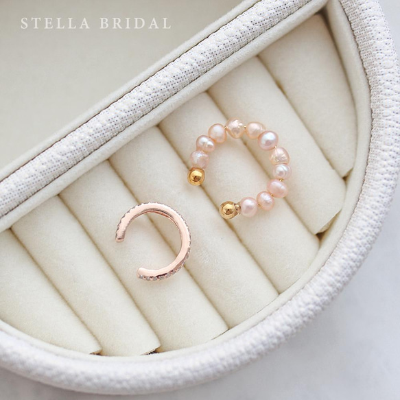 Stella Bridal＊2点セット＊キュービックジルコニアとベビーパールのピンクカラーイヤーカフセット 3枚目の画像