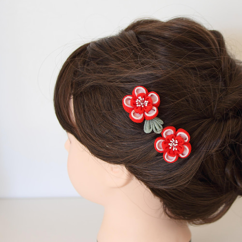 ちりめんかんざし&Uピン2本セット 梅の花（赤） Uピンかんざし2本セット ちりめん かんざし はなしずく