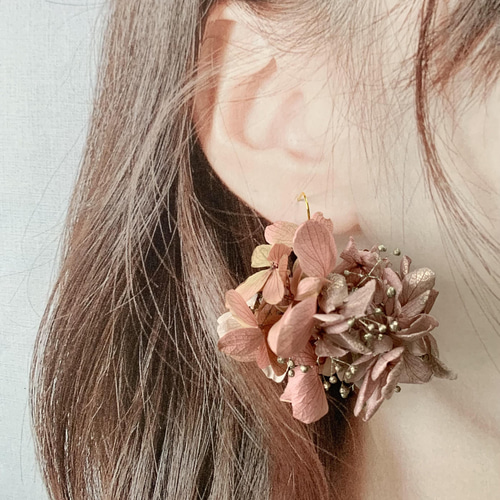 くすみピンク×紫陽花(L)】ドライフラワー ピアス・イヤリング 