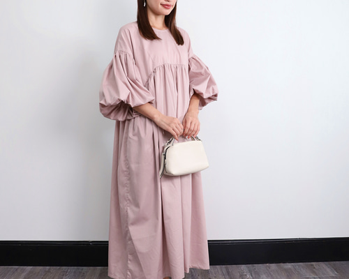 バルーン袖 デザインワンピース シルキーピンク 0477PK
