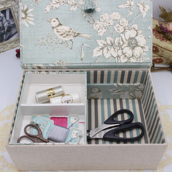 【受注制作】フランス製 トワルドジュイ　２段ツールボックス / 裁縫箱 （花と小鳥のリフレイン / ブルー） 1枚目の画像