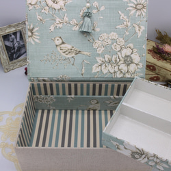 【受注制作】フランス製 トワルドジュイ　２段ツールボックス / 裁縫箱 （花と小鳥のリフレイン / ブルー） 7枚目の画像