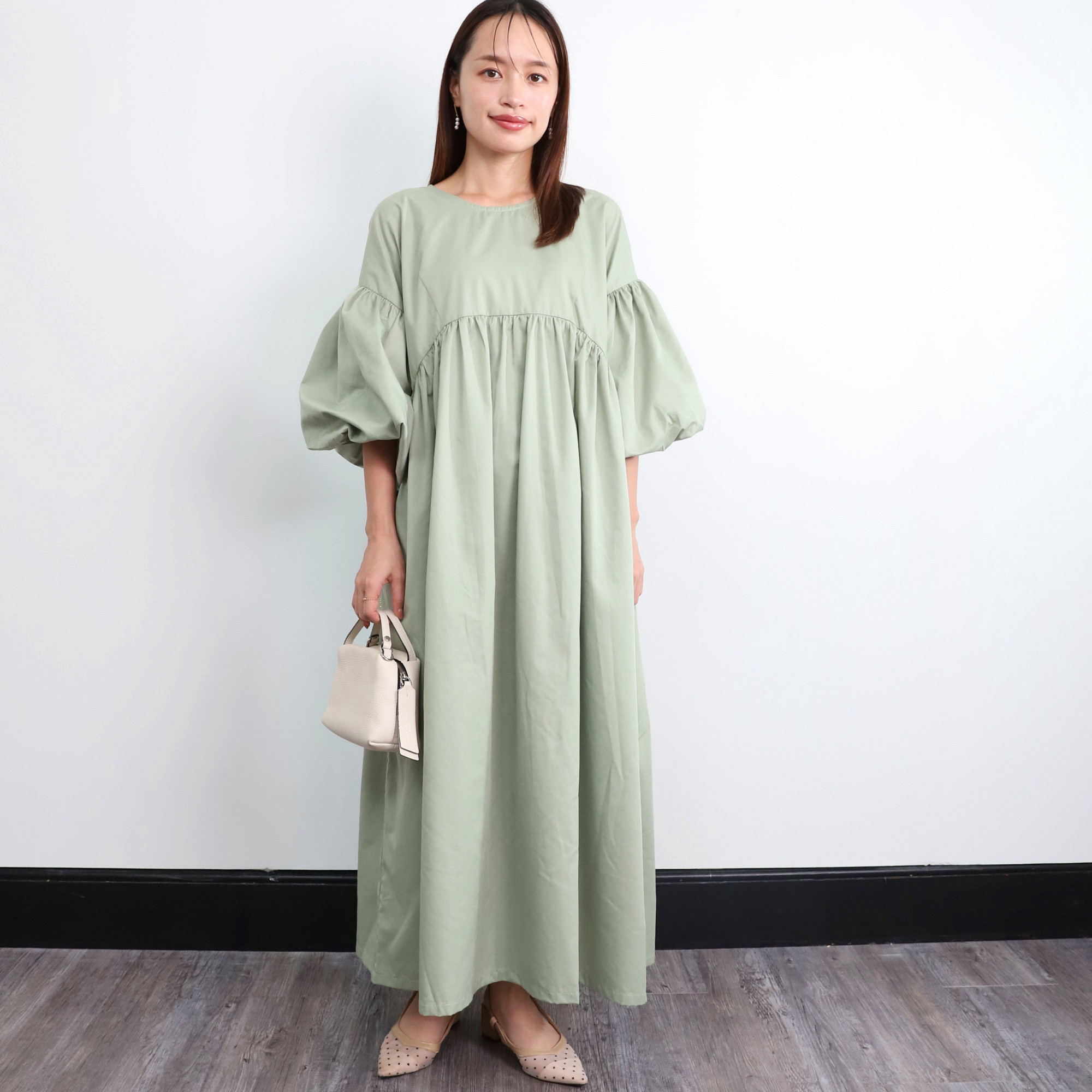 バルーン袖 デザインワンピース　グリーンフロス　0477GR