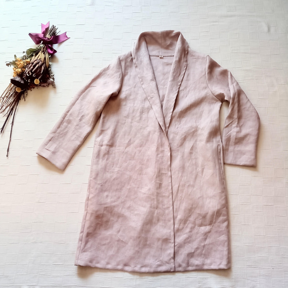 羽織 ロング コーディガン　スプリングコート　衿２Way！ リネン100% 桜ピンク 1枚目の画像