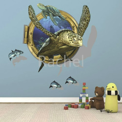 ウォールステッカーS15　3D ウミガメ　潜水艦　水族館　海　ウォールデコ 送料無料 剥がせるシール 壁シール ウォール 2枚目の画像
