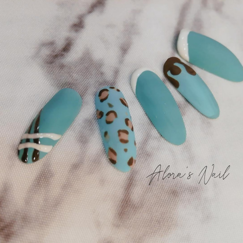 ヒョウ柄/チョコミント(マット) ネイルチップ（つけ爪） ALORAネイル
