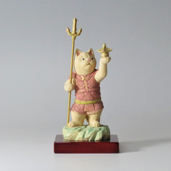 木彫り　毘沙門天猫（四天王多聞天）　猫仏2202 1枚目の画像