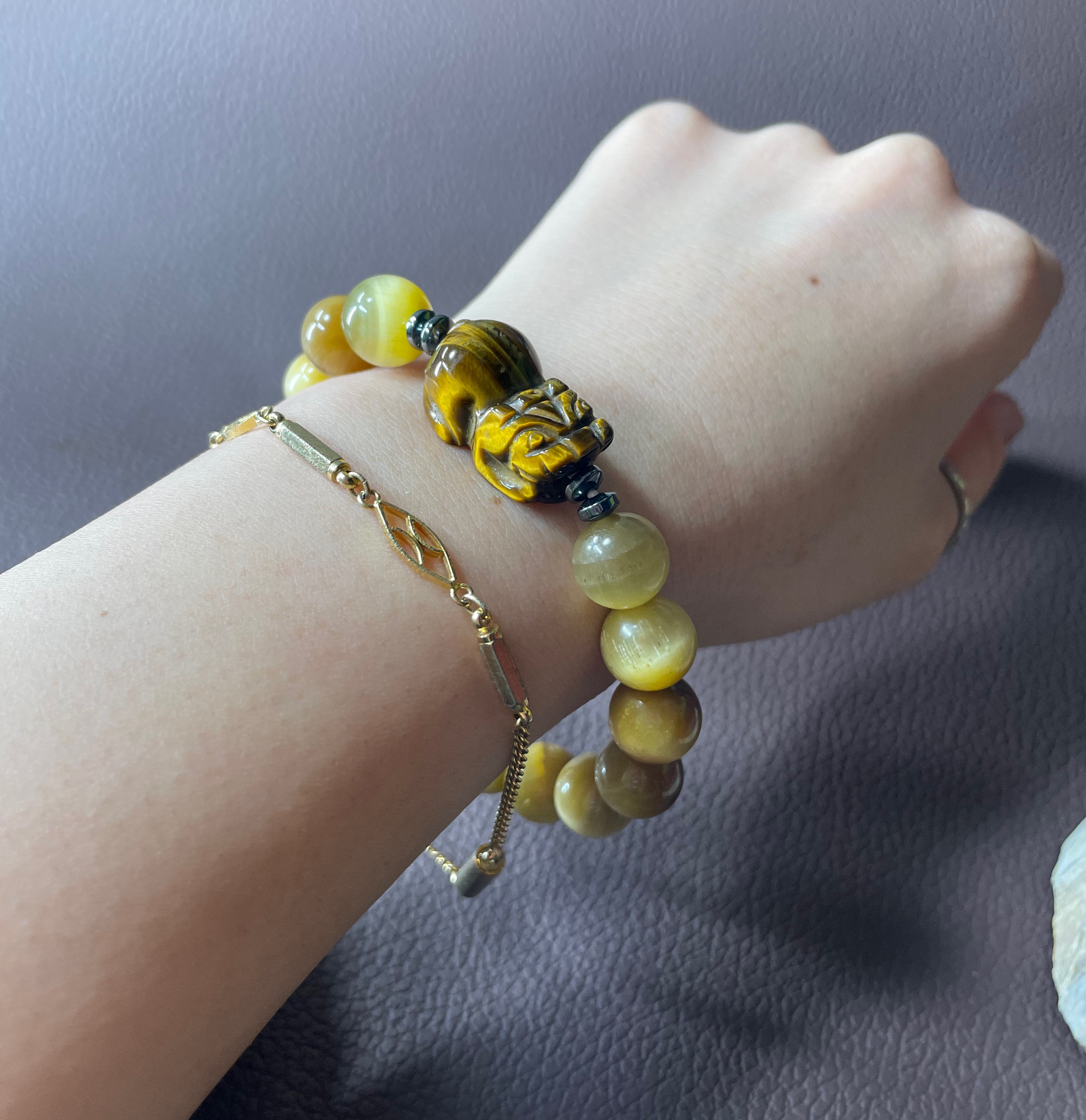 【内径15cm】イエロータイガーアイ　貔貅　ひきゅう　ブレスレット
