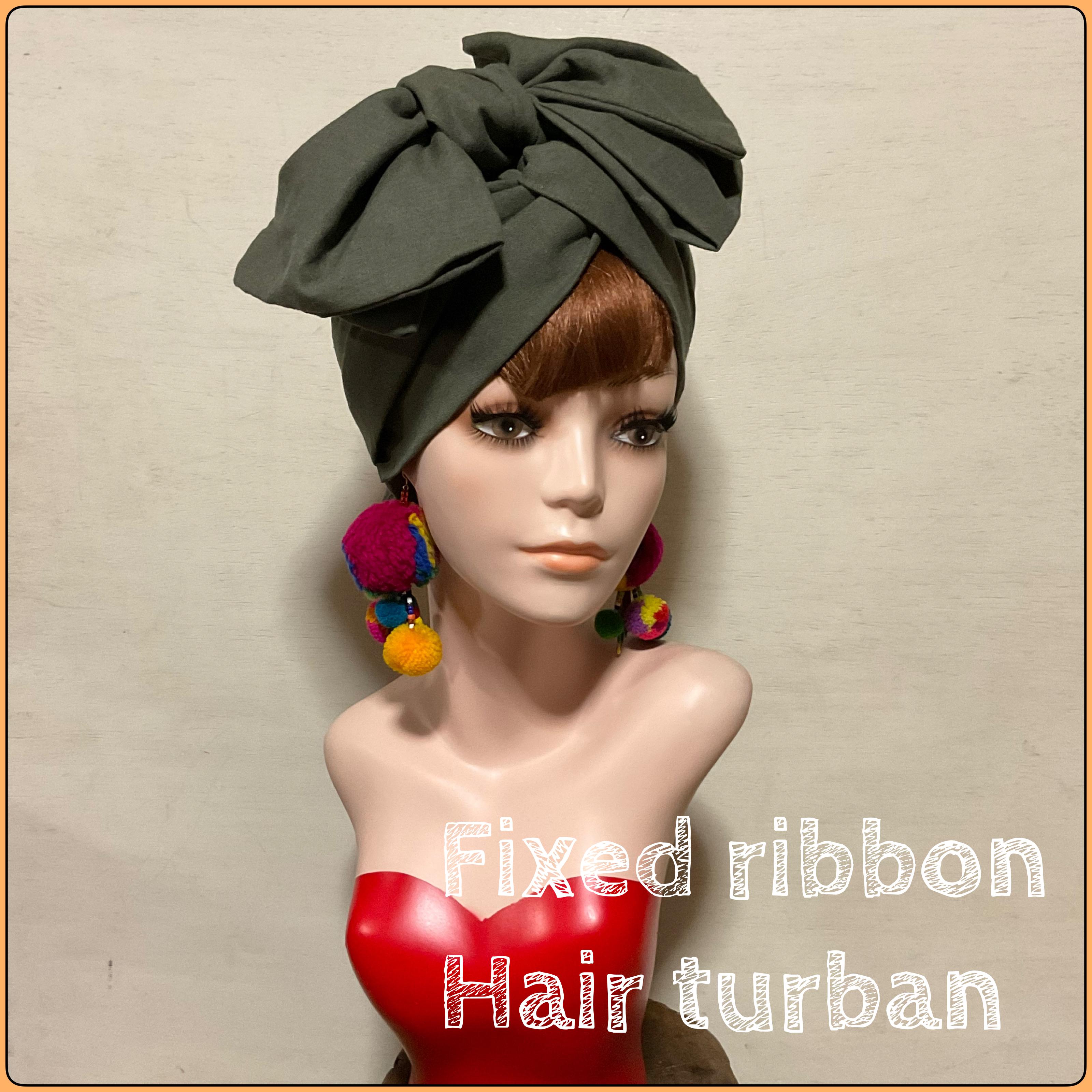 新作　固定リボンのヘアターバン　ヘアバンド　ターバン　カーキ