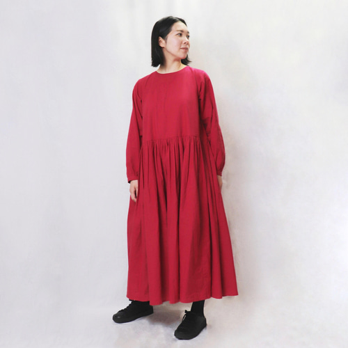 コットンリネンギャザーワンピース ピンク SサイズMサイズ 着画はM  