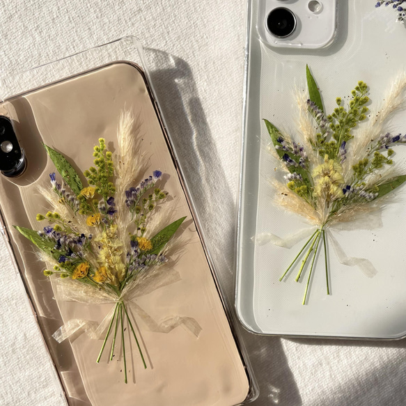 【ナチュラルリーフブーケ】 押し花スマホケース　全機種対応　14 15 SE2 7 8 13 13pro 12 11 1枚目の画像