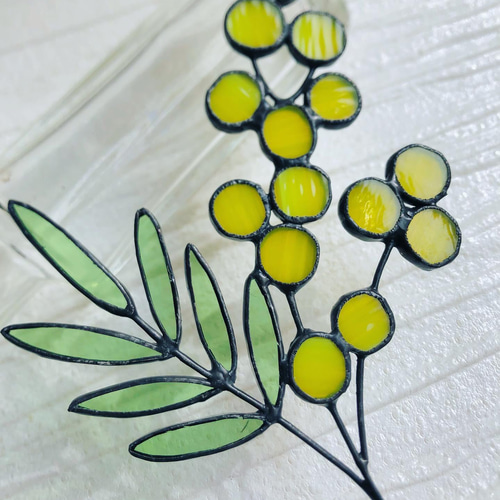 ステンドグラス】ミモザのオーナメント 一輪挿し アートフラワー