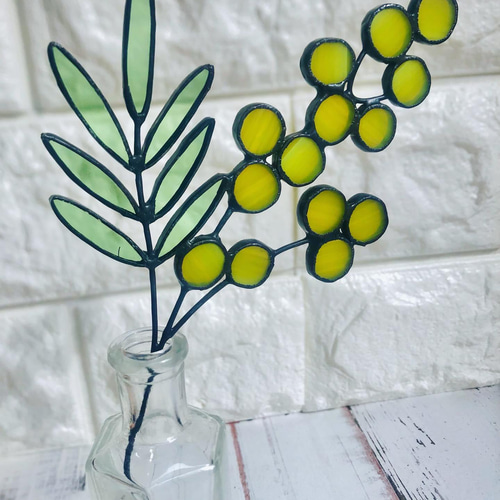 ステンドグラス】ミモザのオーナメント 一輪挿し アートフラワー