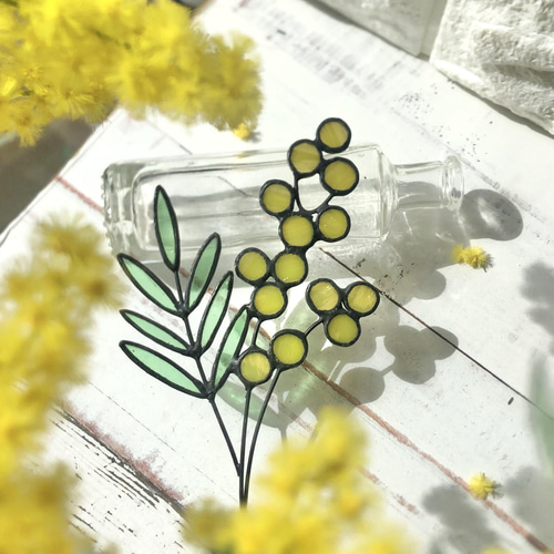 ステンドグラス・絵付けパネル　ミモザ 楽天市場】フュージング 住宅用ガラスパネル ミモザ2 12cm×12cm