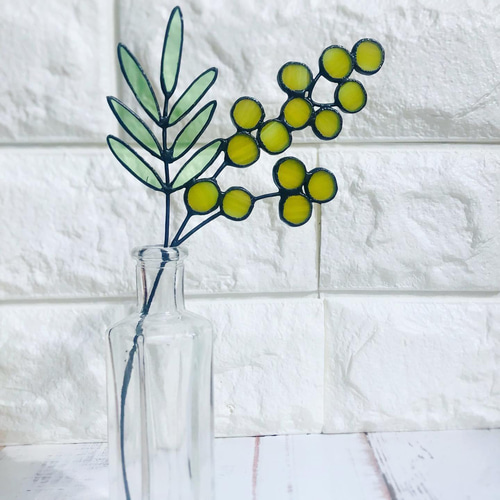 ステンドグラス】ミモザのオーナメント 一輪挿し アートフラワー