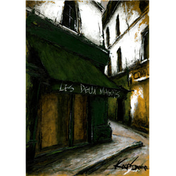 路地裏の緑のひさしのあるカフェ／風景画・油絵 1枚目の画像