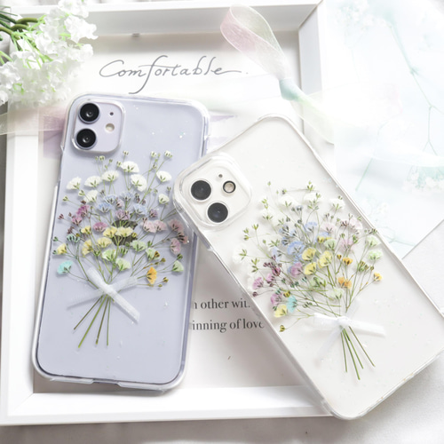 カラフルかすみ草のブーケ 押し花スマホケース iPhone15Android