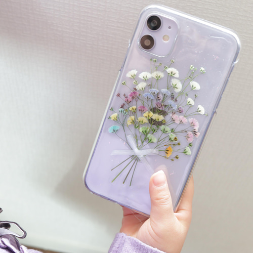 かすみ草　bluemix　スマホリング ❁スマホリング選択❁ かすみ草ブーケフレーム❁.*・ﾟ押し花