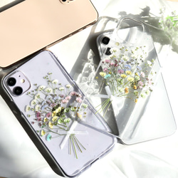 カラフルかすみ草のブーケ 押し花スマホケース iPhone15Android Galaxy Xperia 全機種 2枚目の画像