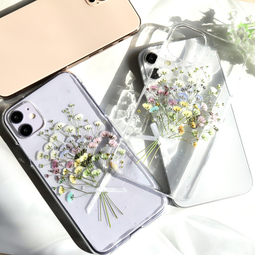 カラフルかすみ草のブーケ 押し花スマホケース iPhone15Android カラフルかすみ草のブーケ 押し花スマホケース iPhone15Android