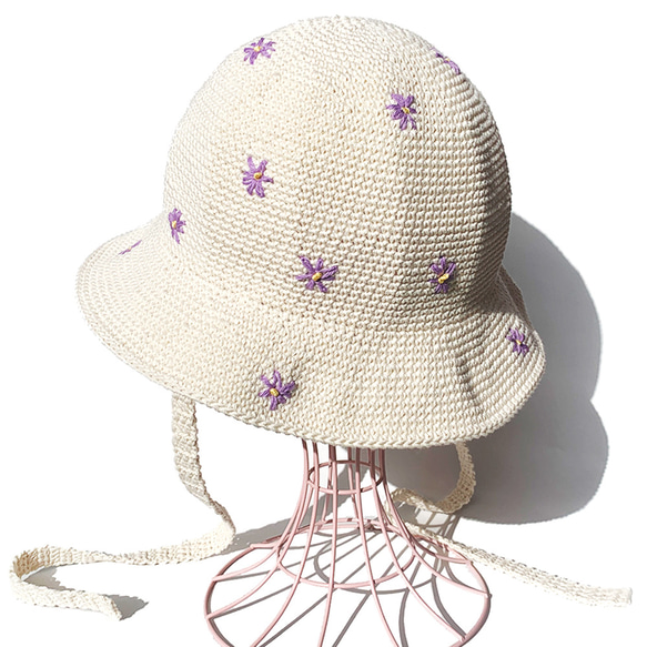 クロシェハット】FLOWER刺繍 チューリップハット OFF×LAVENDER ハット
