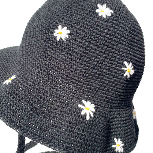 クロシェハット】FLOWER刺繍 チューリップハット BLACK×OFF