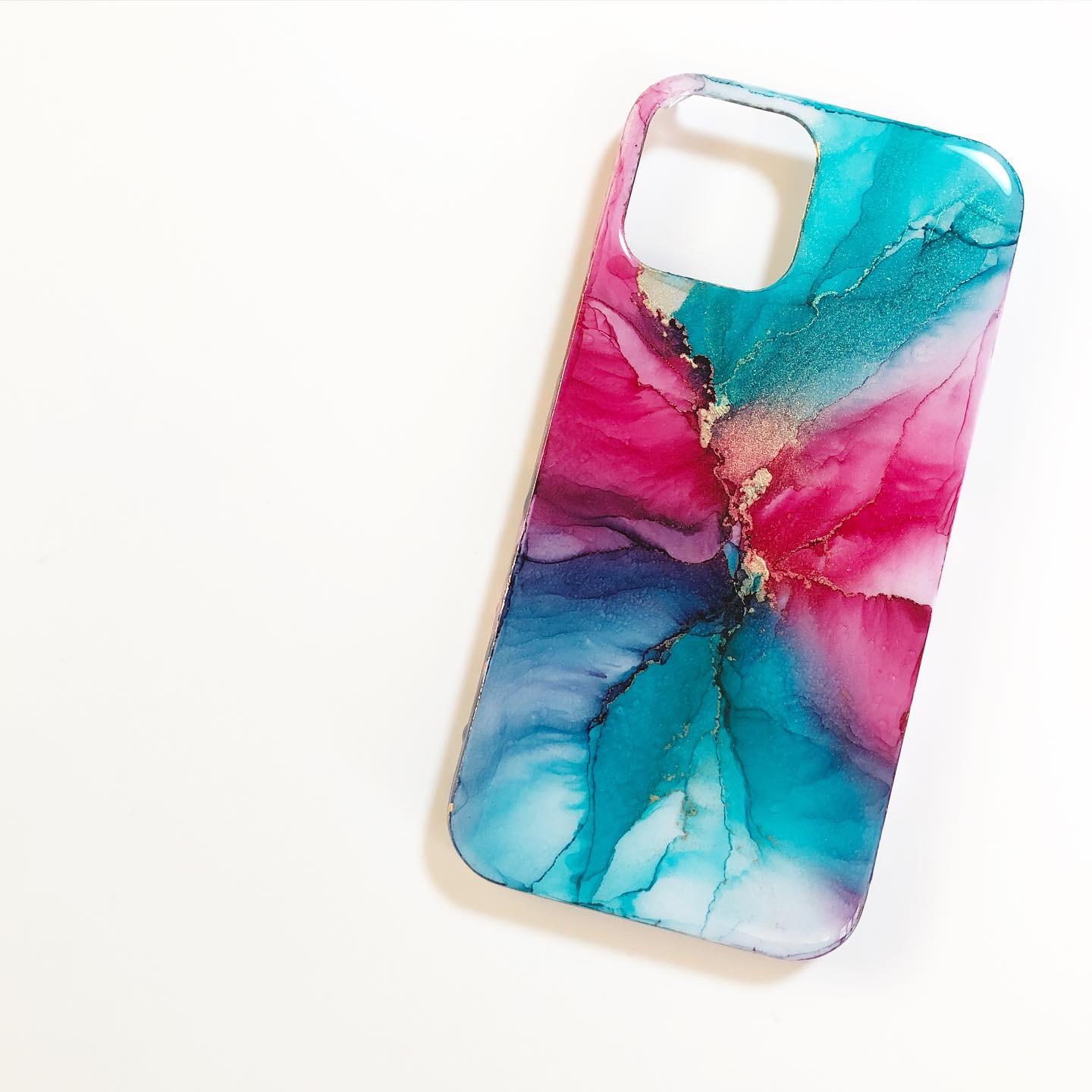 itsuko アルコールインク iPhone13 ケース フラワー ピンク インク アート