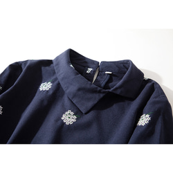 オリジナル斜め襟　可愛い襟　綿麻ワンピース　9分袖丈刺繍ワンピース　ウエストに紐　S-XLサイズL227 3枚目の画像