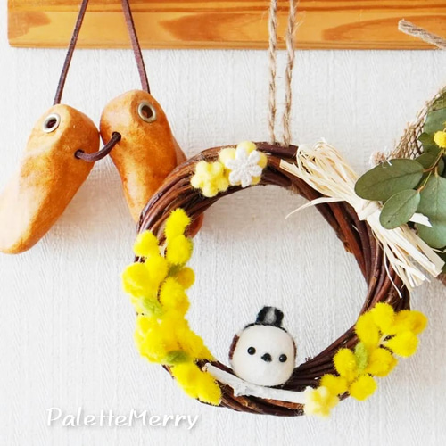 春を呼ぶちょこんとシマエナガ✾ミモザのプチリース✾10センチリース