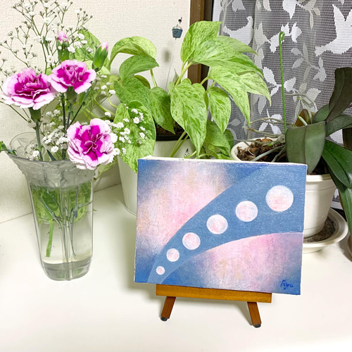 原画 油絵 道行く月 月のアート 抽象画 F0号 ピンク×ブルー