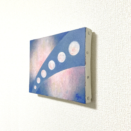 原画 油絵 道行く月 月のアート 抽象画 F0号 ピンク×ブルー
