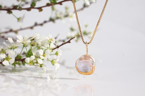 小櫻桃色keshi珍珠項鍊|金葉珍珠淡水珍珠金葉14kgf 40cm 第1張的照片