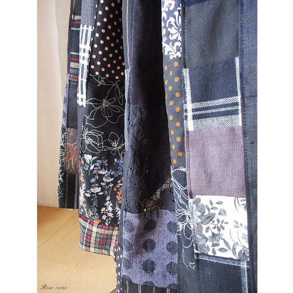 S様ご予約品 絵画なパッチワーク 美しい黒のギャザースカート チェック 水玉 花 ストライプ 送料無料 10枚目の画像