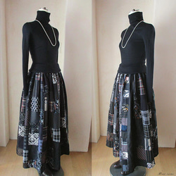 S様ご予約品 絵画なパッチワーク 美しい黒のギャザースカート チェック 水玉 花 ストライプ 送料無料 2枚目の画像