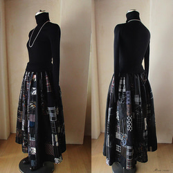 S様ご予約品 絵画なパッチワーク 美しい黒のギャザースカート チェック 水玉 花 ストライプ 送料無料 7枚目の画像