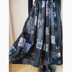 S様ご予約品 絵画なパッチワーク 美しい黒のギャザースカート チェック 水玉 花 ストライプ 送料無料 8枚目の画像