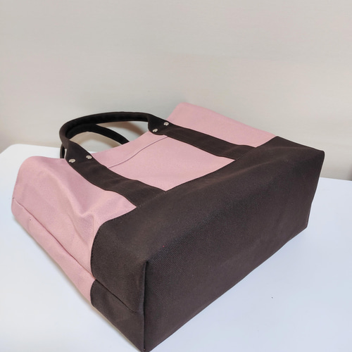 ハンドメイド、トートバック、帆布 マルシェ、ブラウン、バイカラースモーキーピンク ハンドメイド、トートバック、帆布 マルシェ、ブラウン、バイカラー