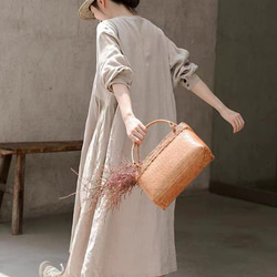 リネン/麻100%】スタントカラーゆったりめ ロングワンピース ポケット